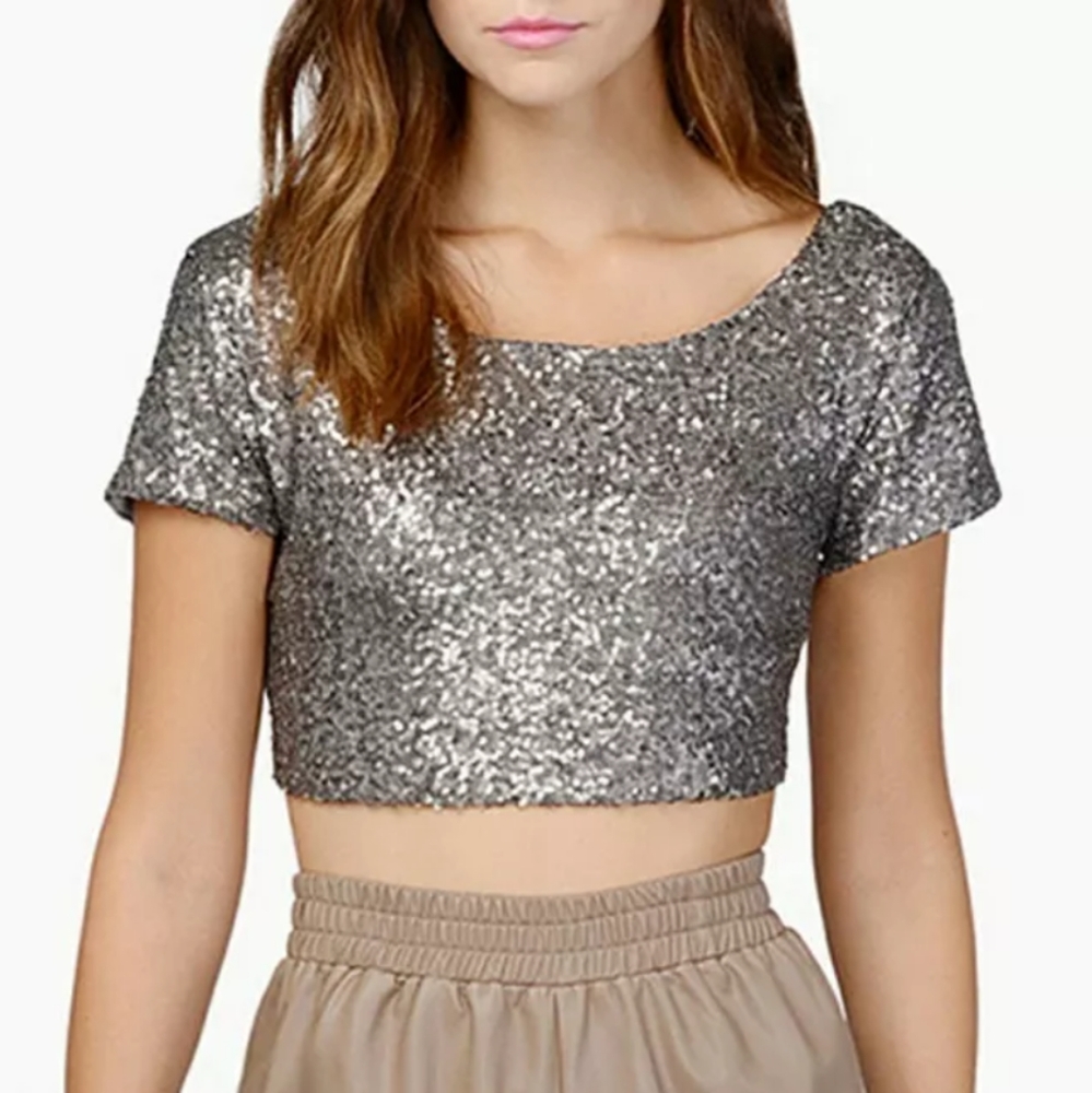 Silver Sequin short sleeve crop top